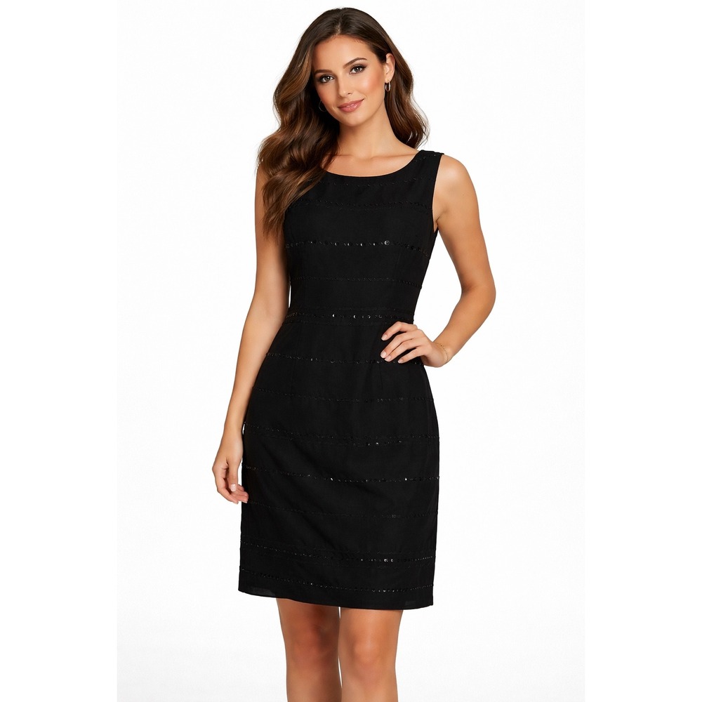 VTG David Warren Women Dress 4P Black Silk Beaded Sequins Sheath LBD Cocktail
